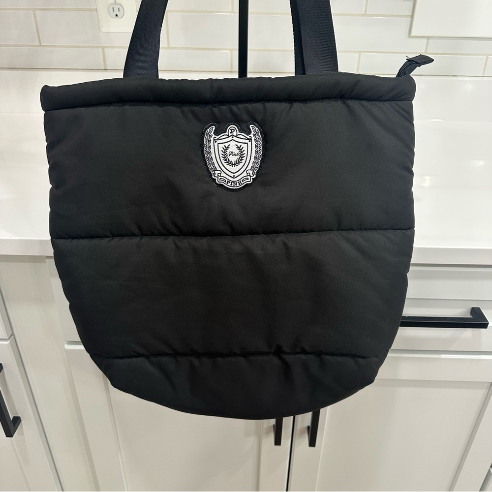 PINK Victoria's Secret Black Quilted Puffer Tote Bag Embroidered Crest Logo NWOT